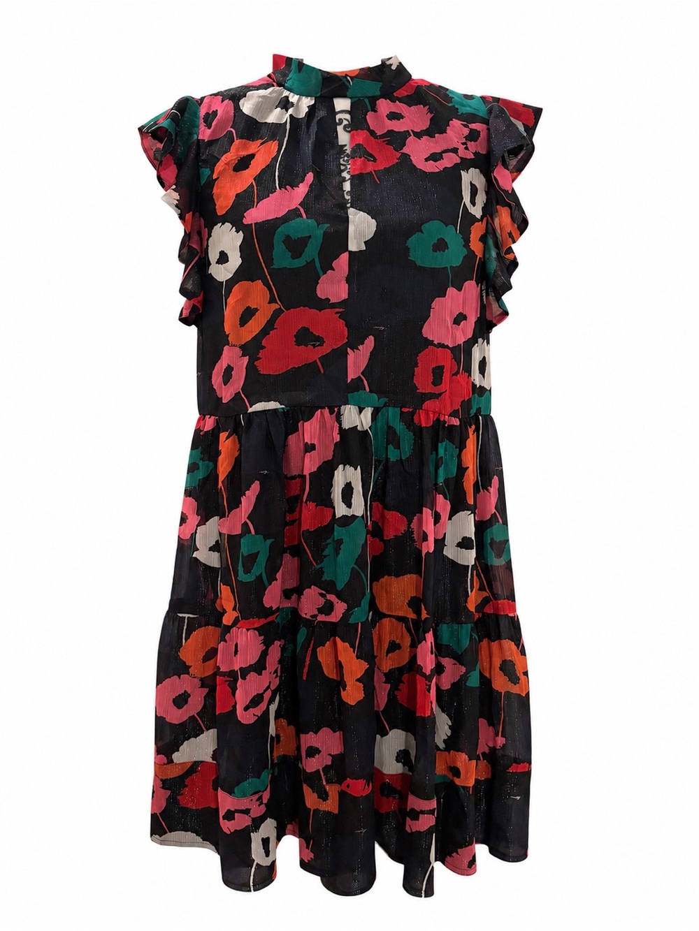Milly Layla Floral Poppy Ruffle Sleeve Mini Dress Size M Black Multicolor